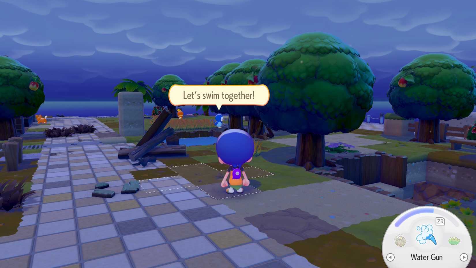 Piplup saying "let's swim together" in Pokemon Pokopia
