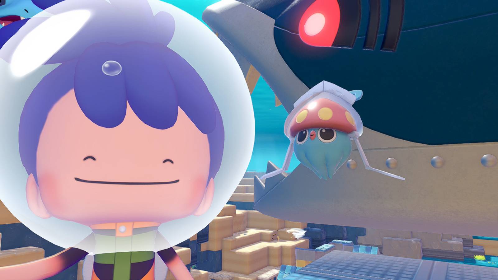 Ditto standing next to a Windup Inkay in Pokopia