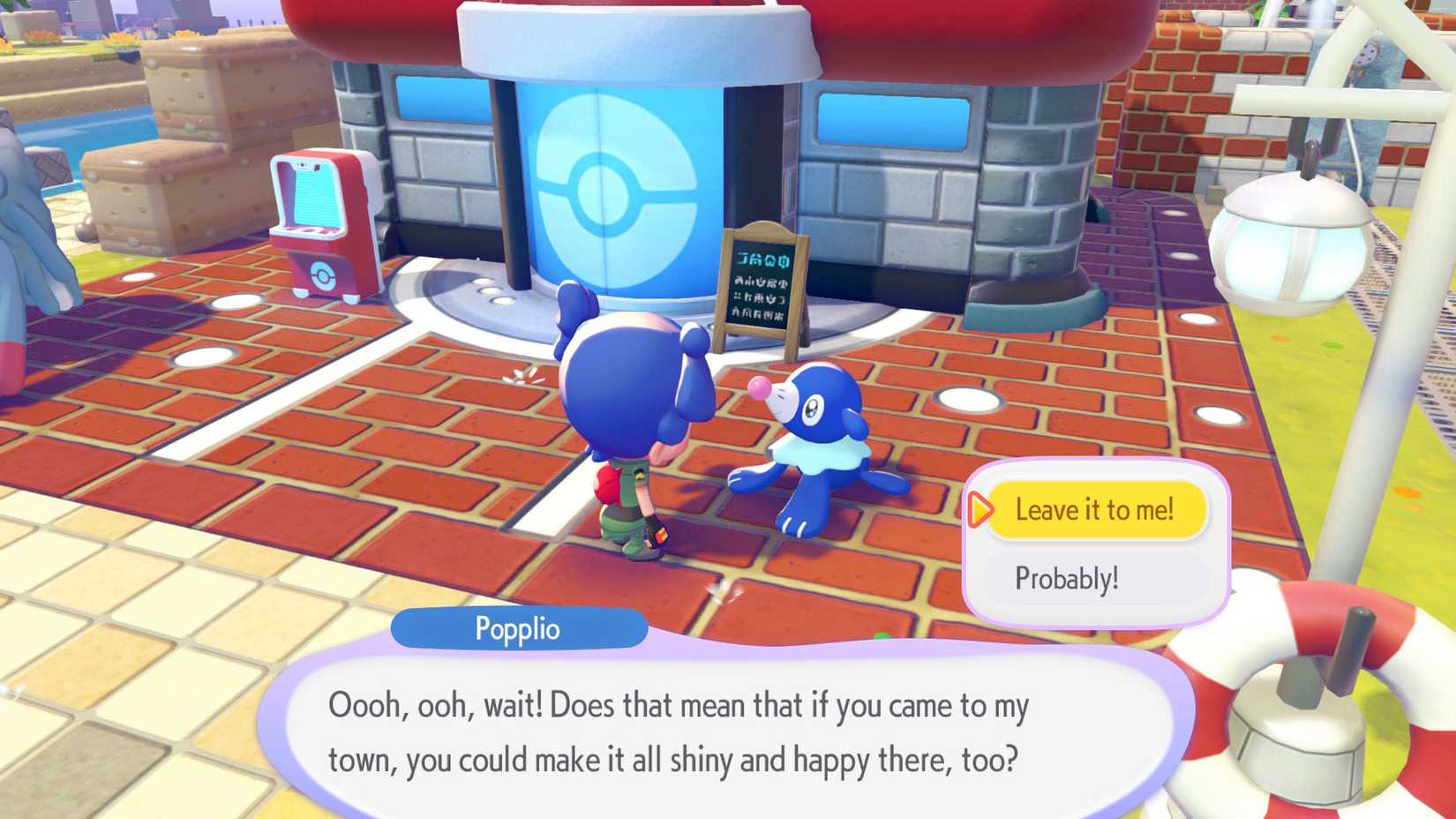 A Pokémon Pokopia screenshot showing Ditto talking to Popplio