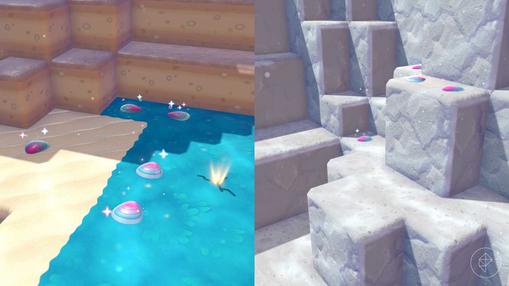 A montage with two Pokémon Pokopia screenshot showing different locations where you can find prism scales