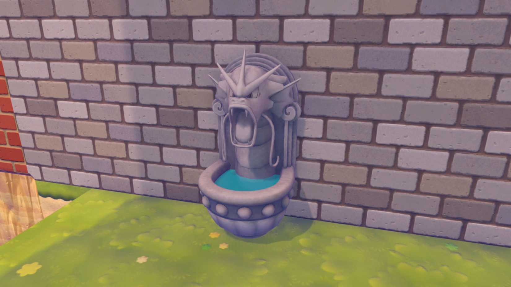 A Pokémon Pokopia screenshot showing the gyarados fountain
