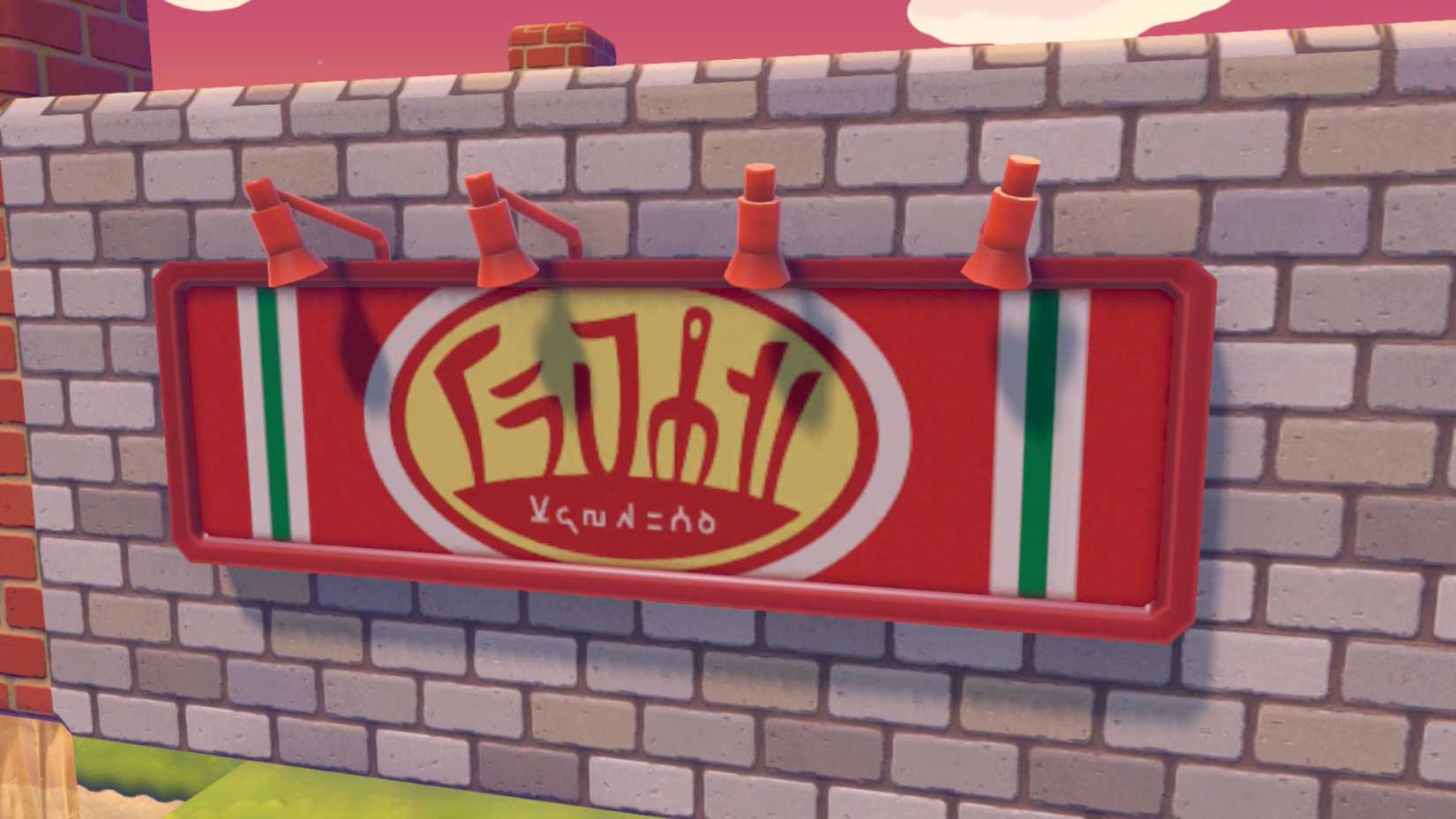 A Pokémon Pokopia screenshot showing the restaurant sign