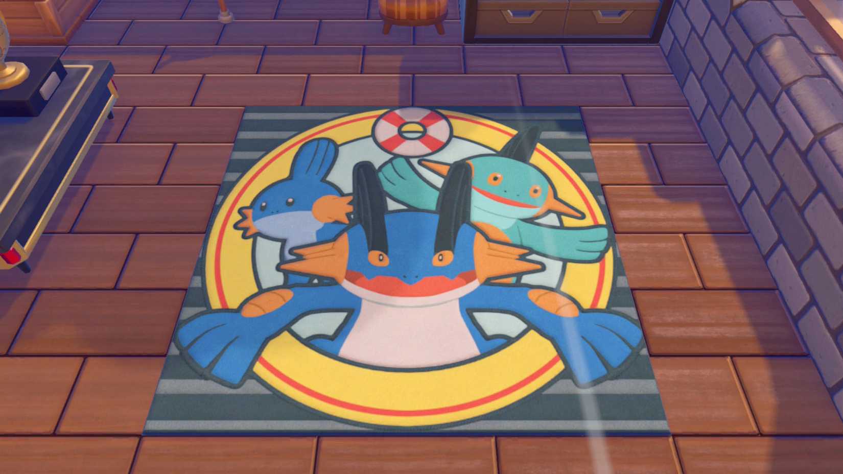 A Pokémon Pokopia screenshot showing the swampert squad rug