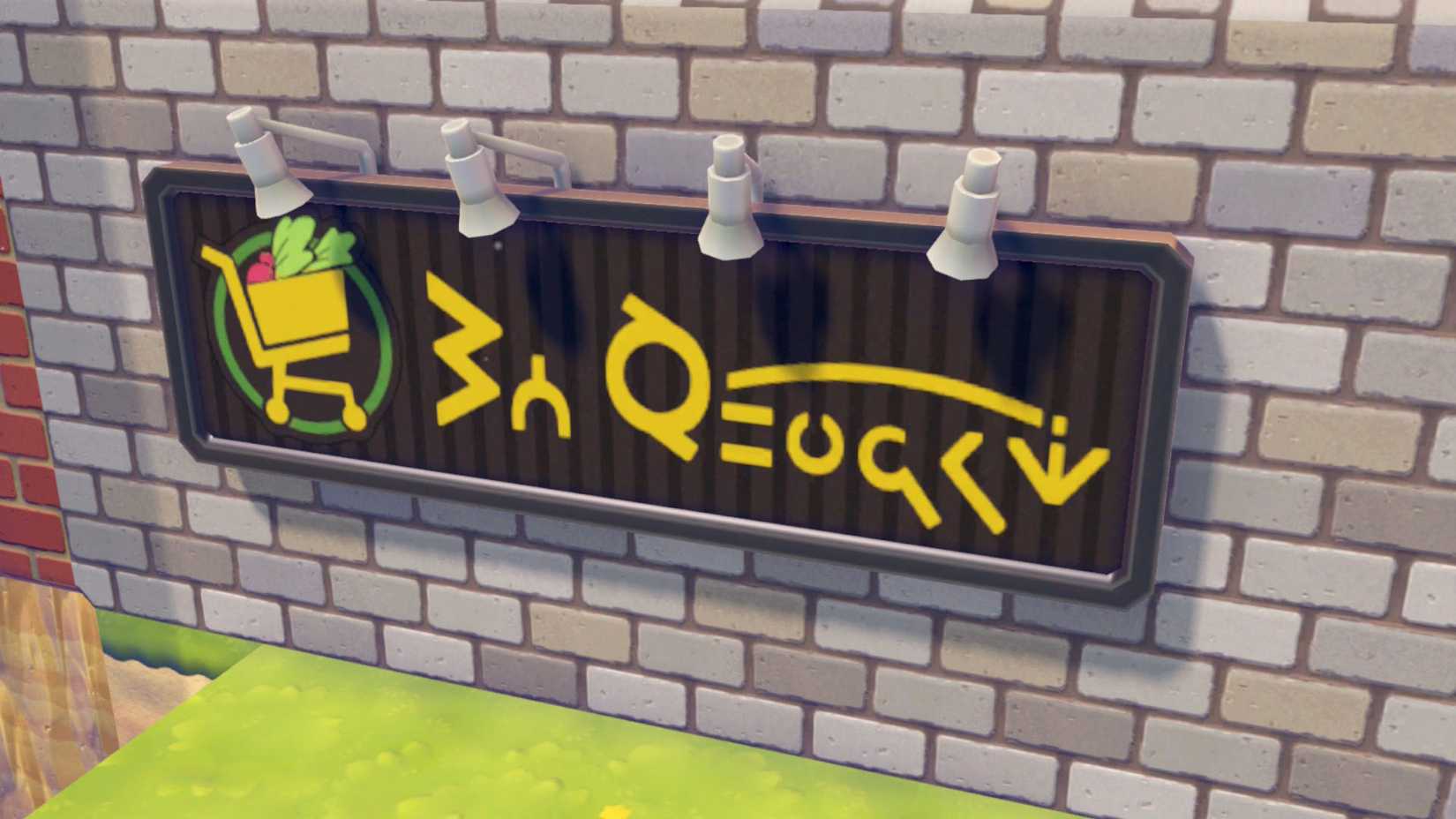 A Pokémon Pokopia screenshot showing the supermarket sign