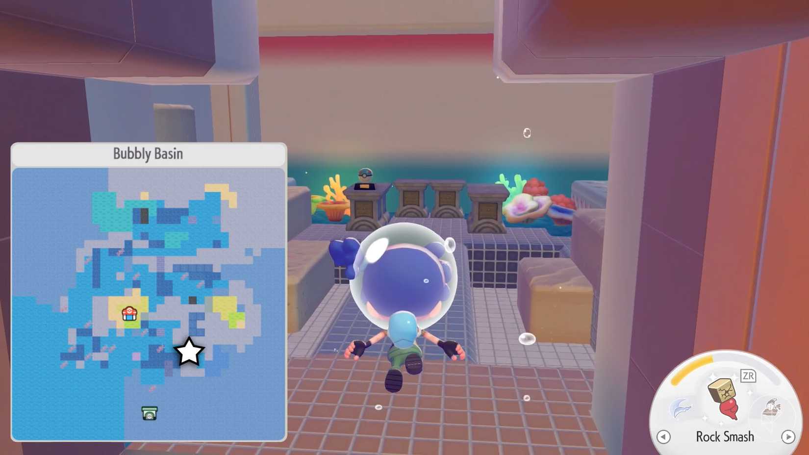 A montage using two Pokémon Pokopia images showing the location where you can easily make a mermaid's gym habitat