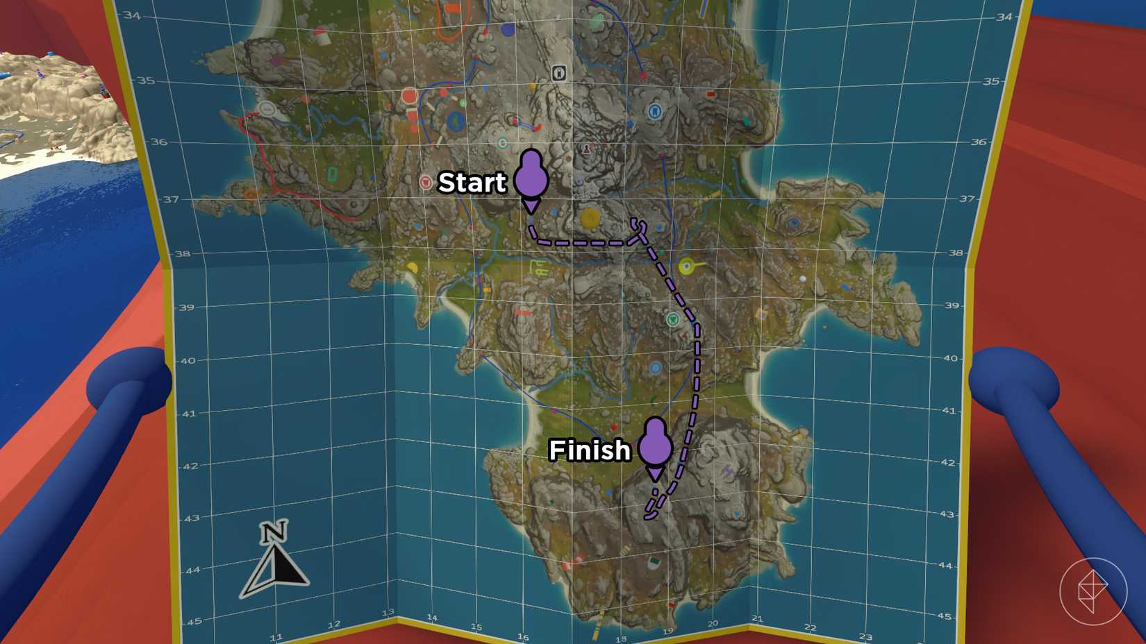 The Big Walk map with a route from the start of the golf puzzle to the finish.
