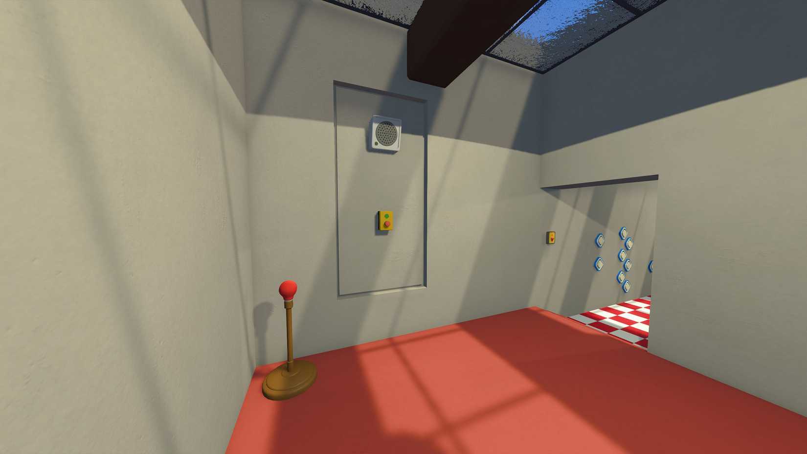 A wall with an intercom, a button, and a red light bulb in Big Walk.