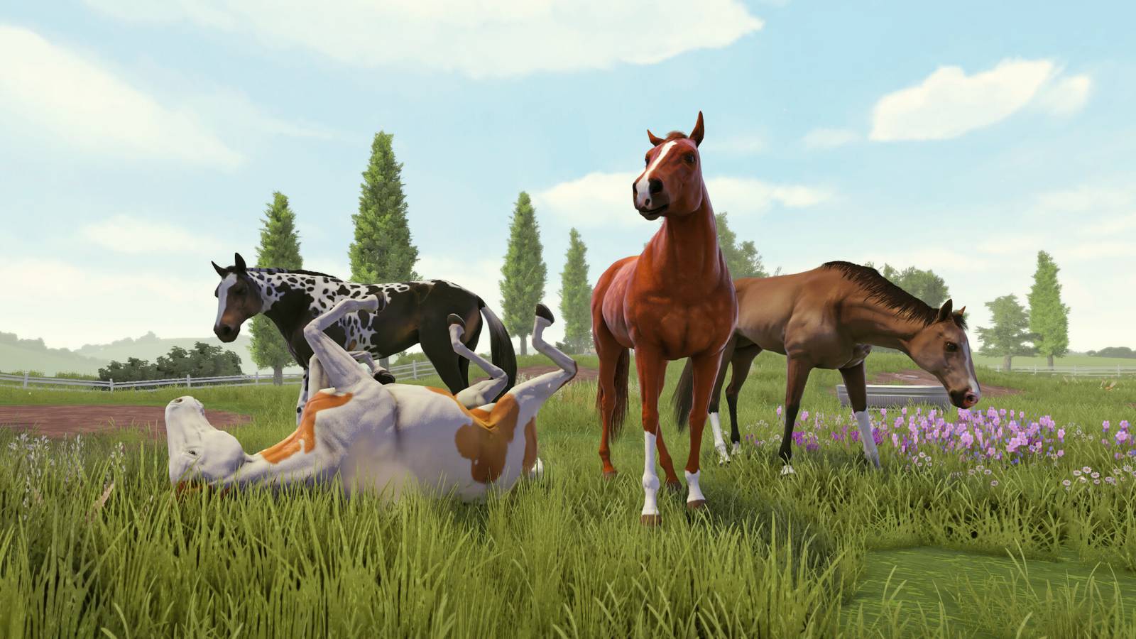 Rival Stars Horse Racing steam screenshot showing a group of horses standing in a brightly lit field