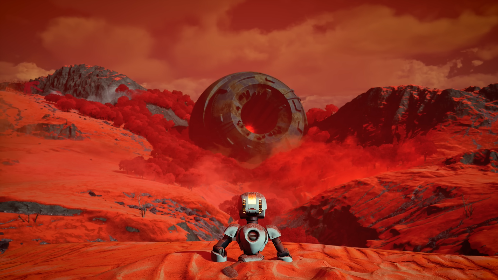 Rustbound trailer screenshot showing a white robot rising out of red sand against an ominous backdrop
