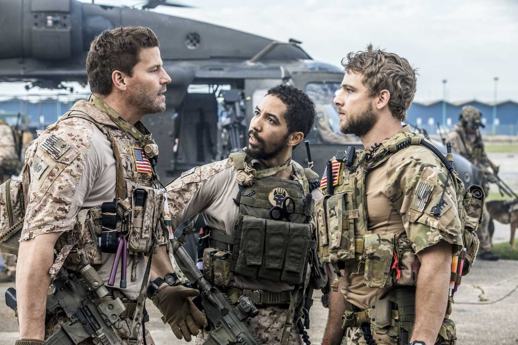 David Boreanaz and Max Theriot in camo gear in SEAL Team