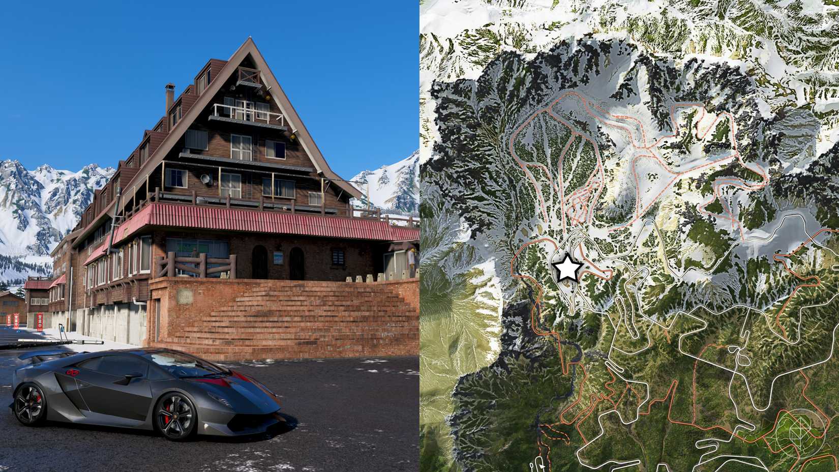 A Lamborghini parked in front of a wooden building in Forza Horizon 6.