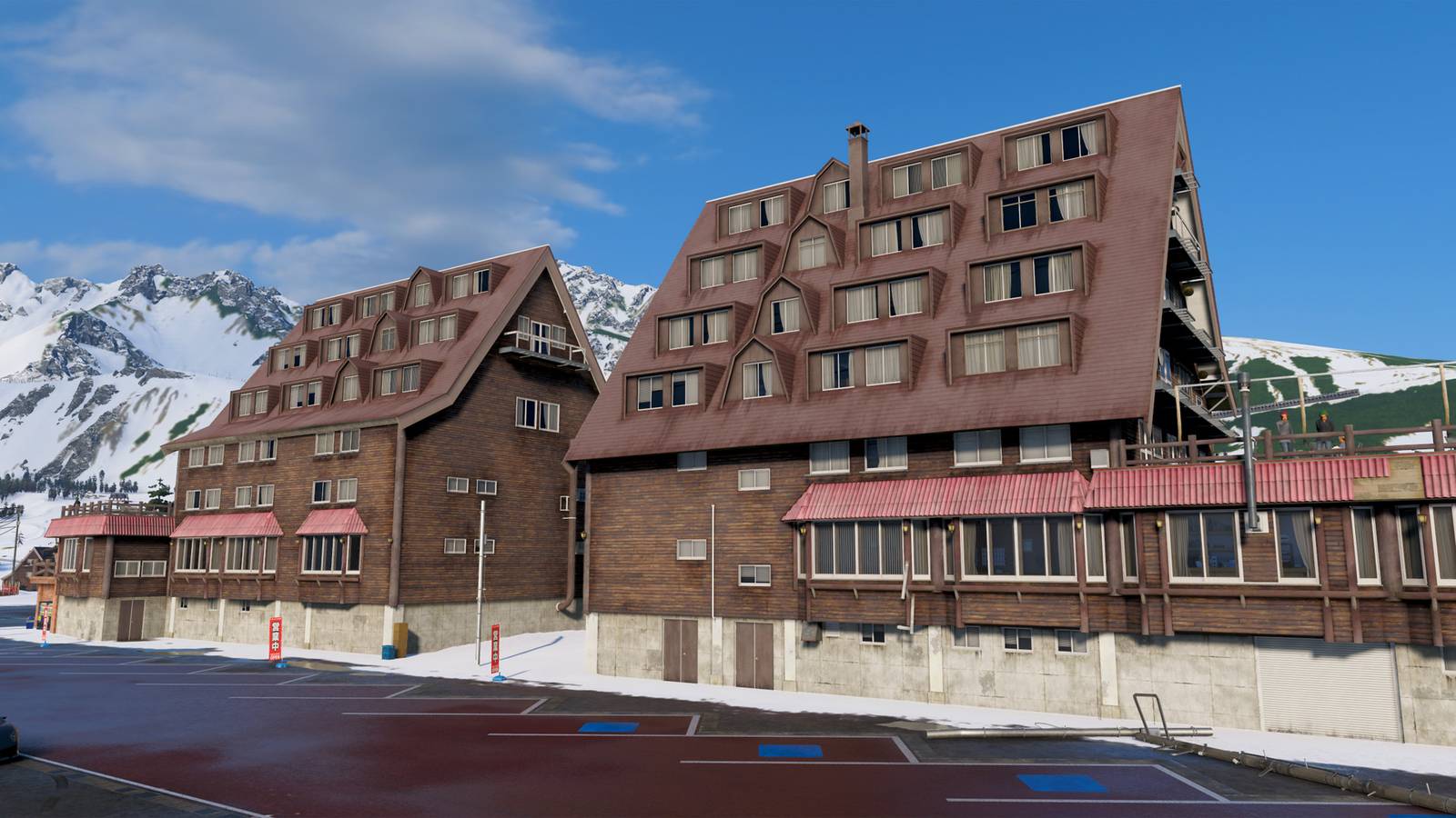 Two wooden buildings in a snowy area of Forza Horizon 6.