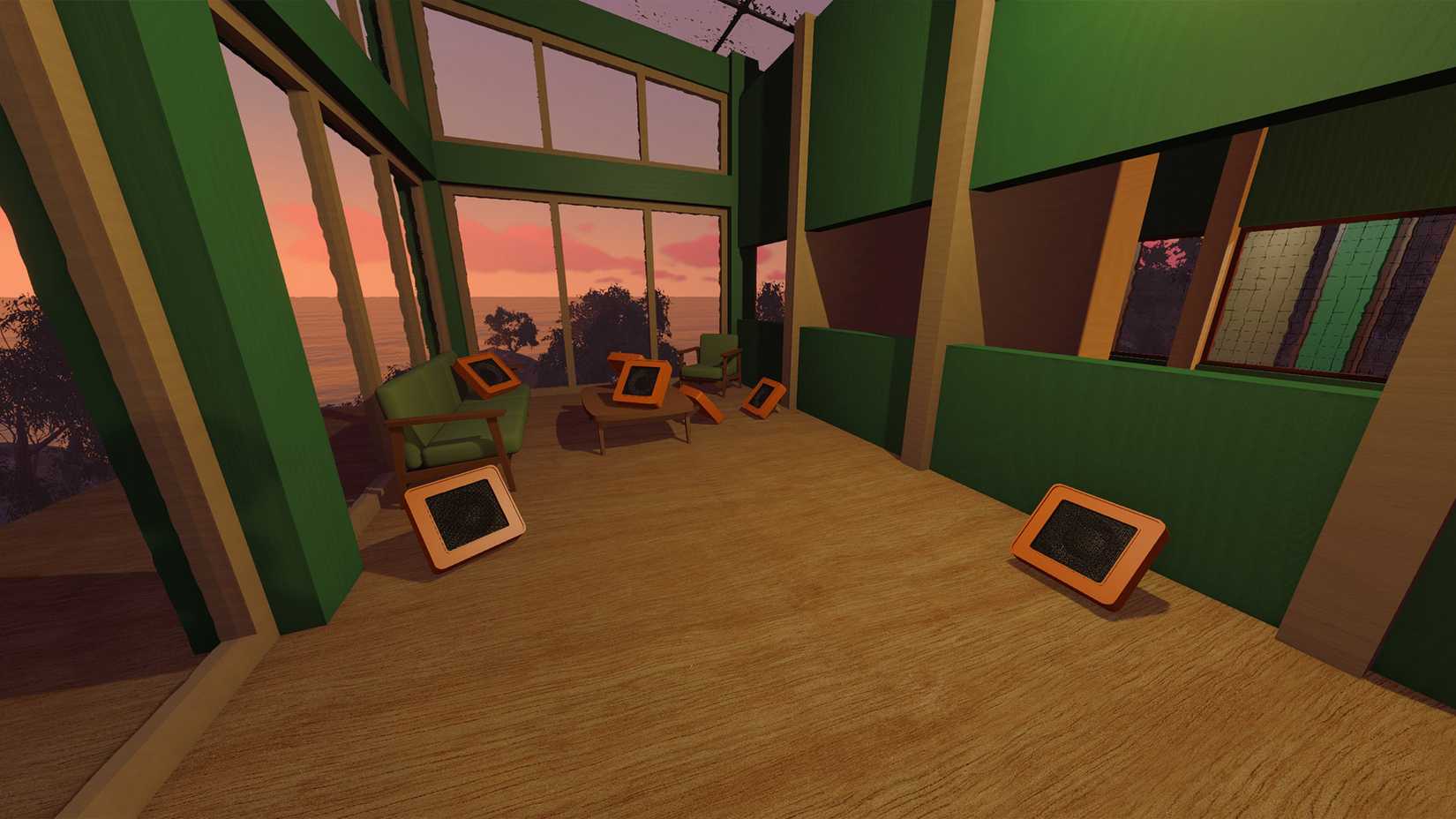 A room with green walls and orange speakers scattered around the room in Big Walk.