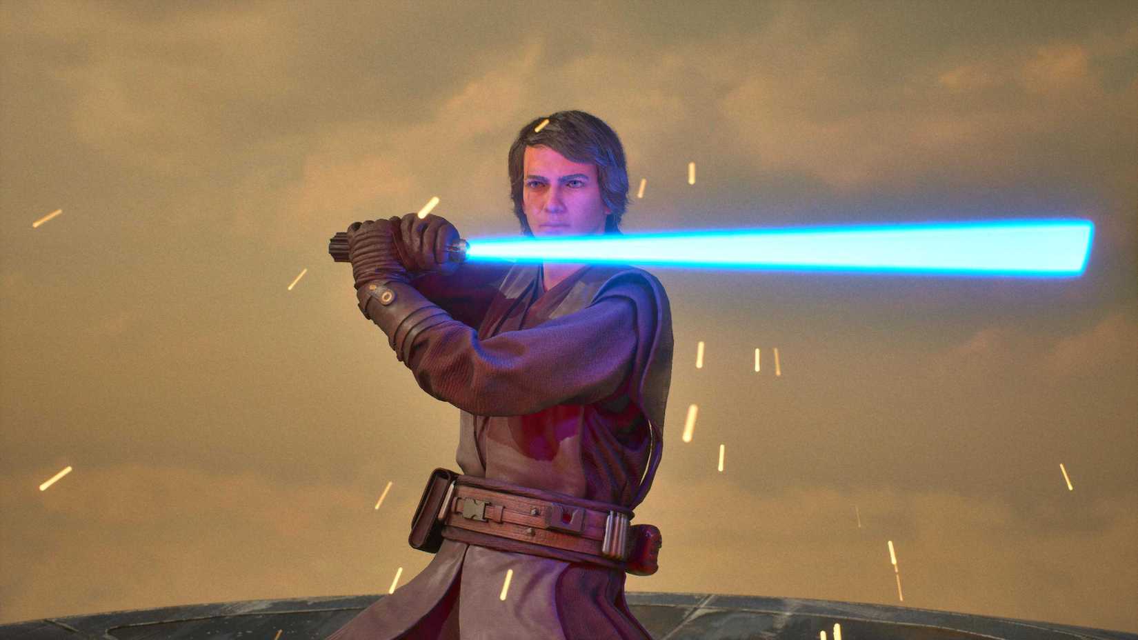 Star Wars Zero Company Anakin Skywalker deflecting a blaster bolt in a cutscene