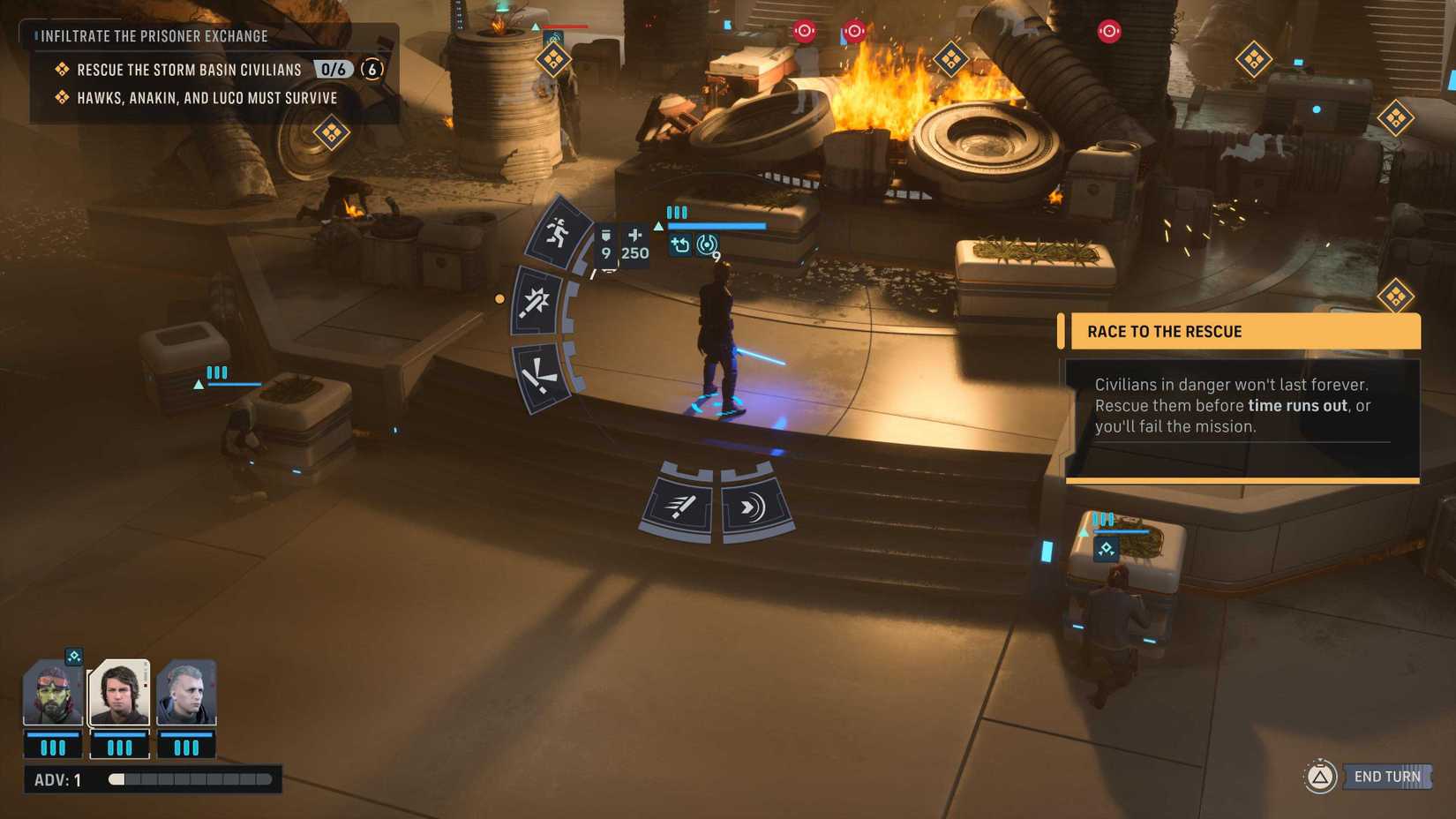 Star Wars Zero Company screenshot showing the player controlling Anakin Skywalker during combat with his ability wheel pulled up