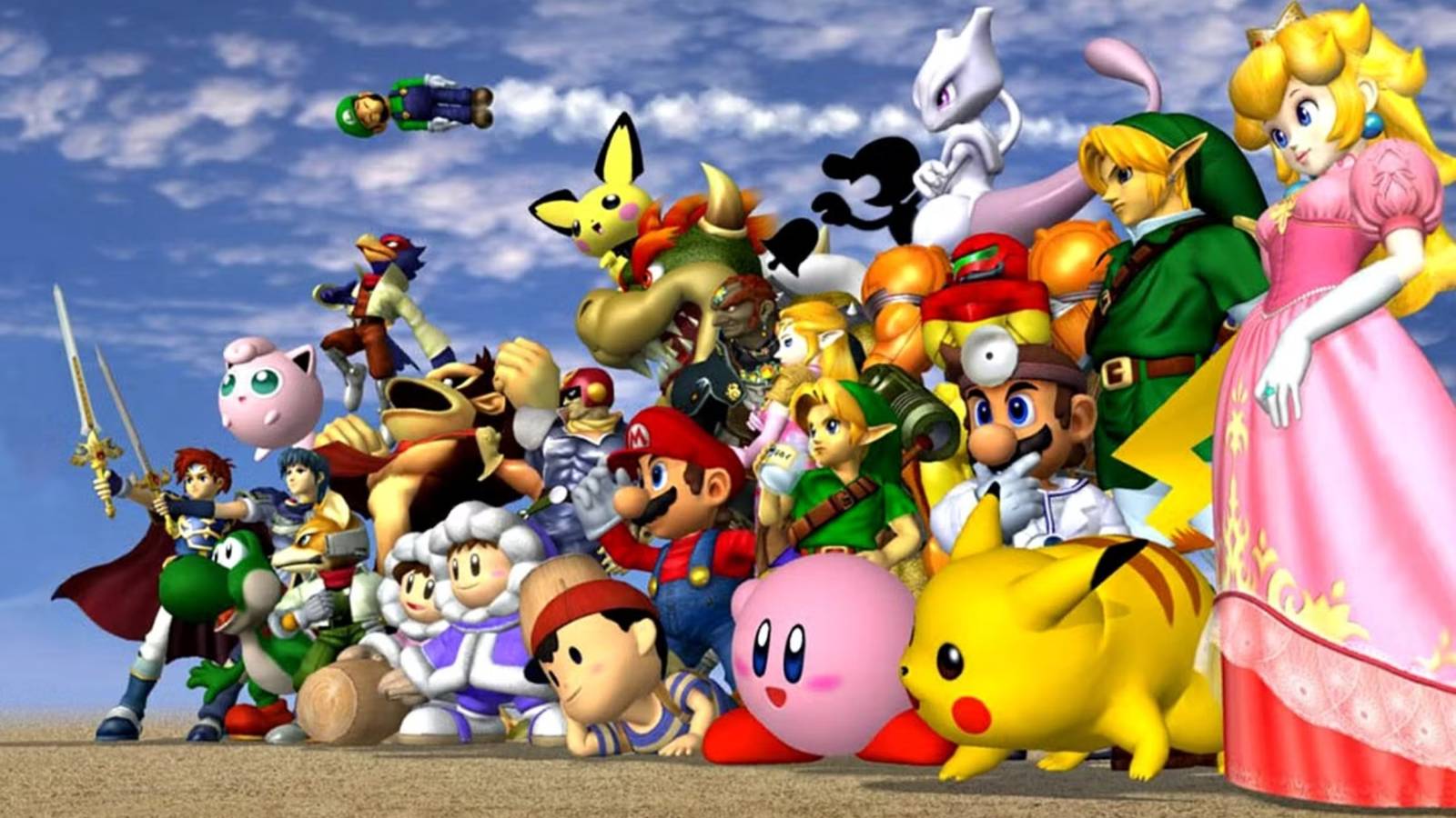 The entire cast of Super Smash Bros Melee posing.
