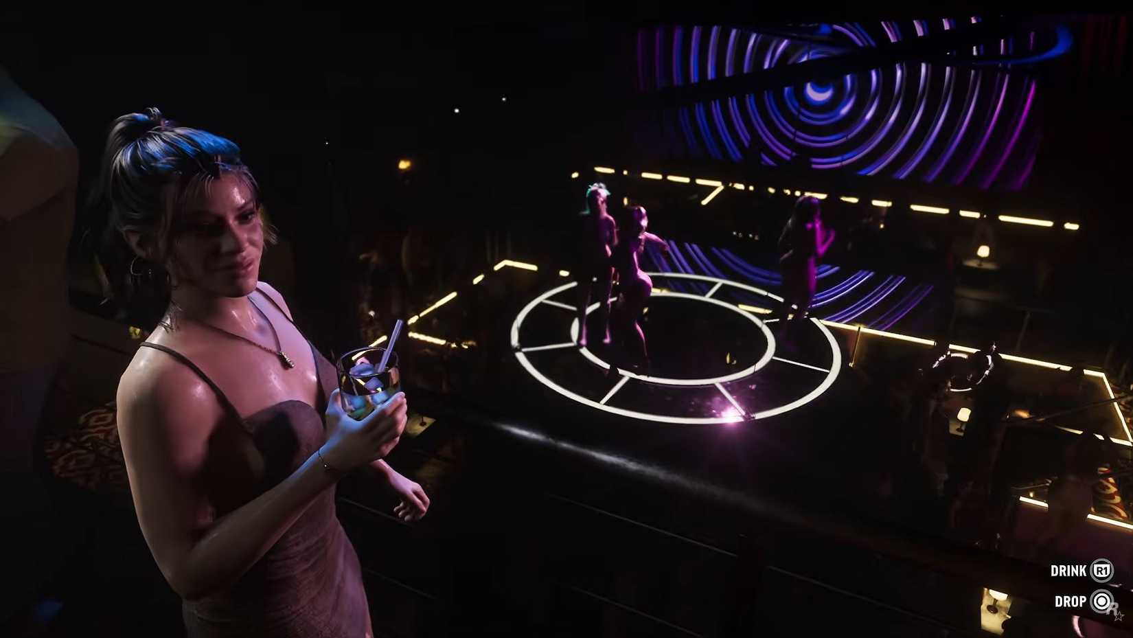 Lucia Caminos in GTA 6 holds a drink inside a nightclub. 