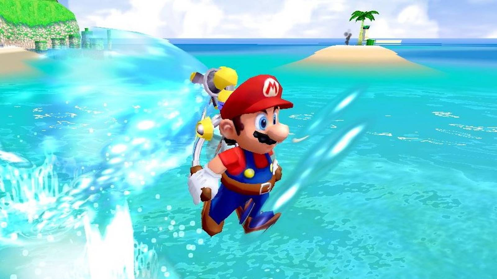 Mario uses FLUDD in Super Mario Sunshine