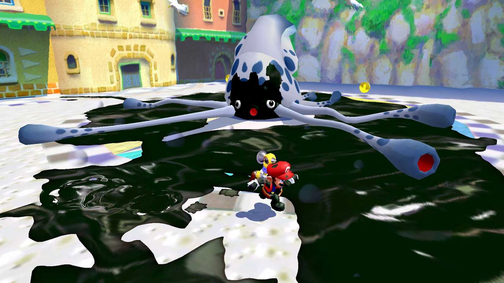 Mario cleans up a bunch of ink in Super Mario Sunshine