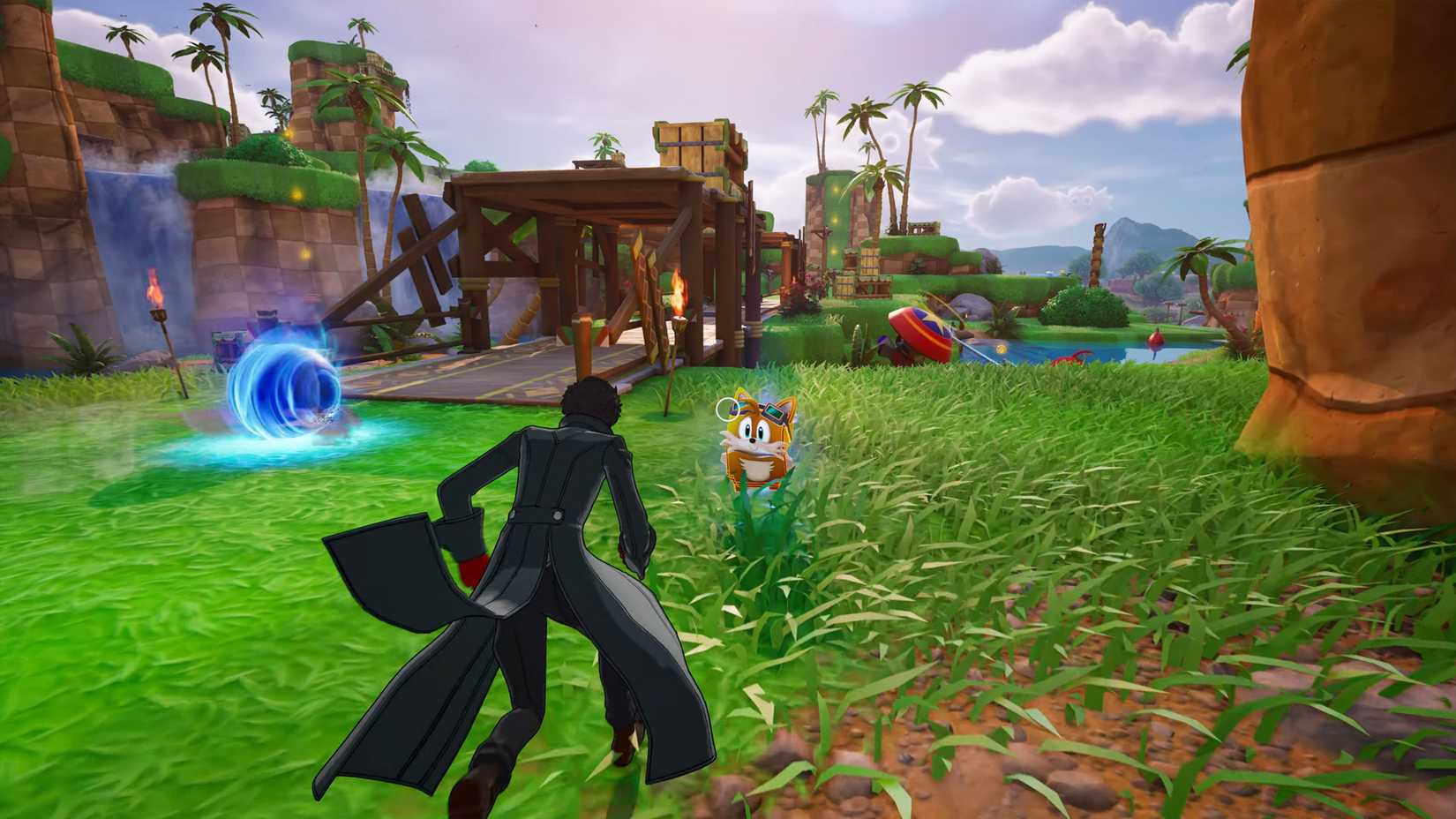 Joker from Persona 5 running towards Tails from Sonic the Hedgehog in Fortnite.