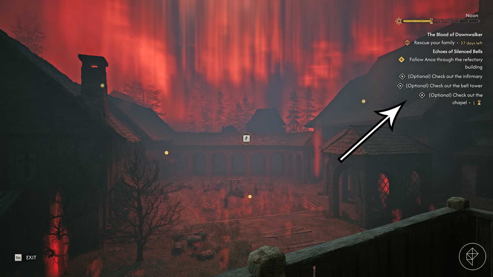 An arrow points to the objectives gained by investigating the convent in The Blood of Dawnwalker's "Echoes of Silenced Bells" quest.