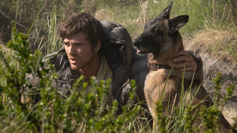 Jacob Elordi as Hig with his dog in The Dog Stars.