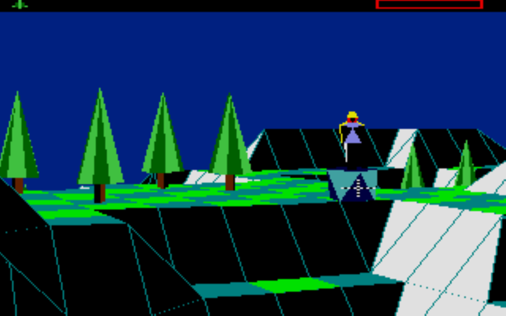 A primitive polygonal landscape with trees and a statue-like figure
