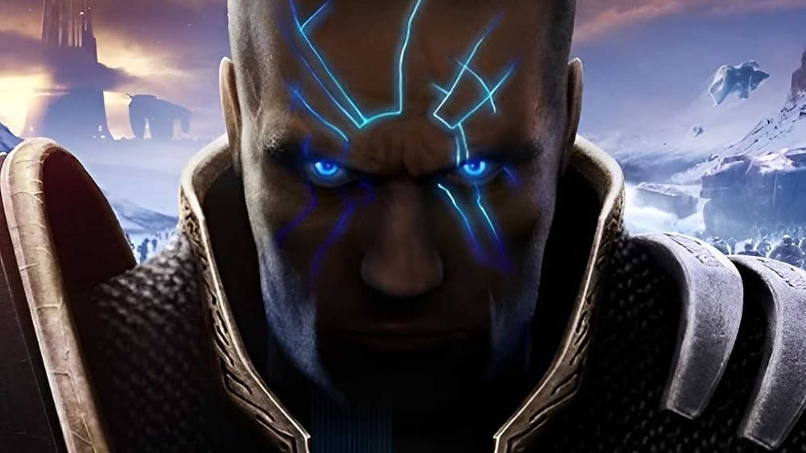 Artwork cropped from the cover of Too Human on Xbox 360 shows closeup of glowering man's face