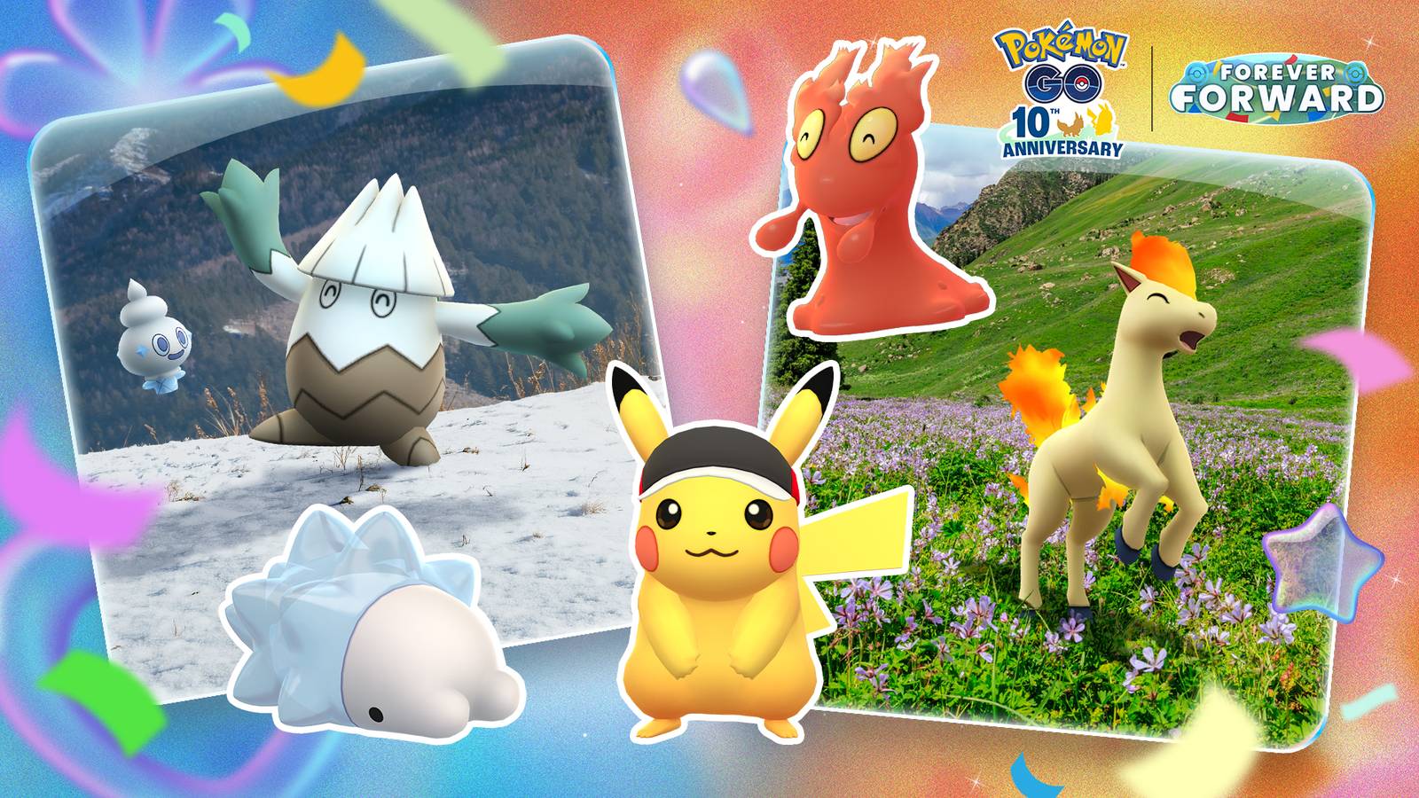 Đồ họa các Pokémon xuất hiện trong sự kiện bao gồm Snom, Snover, Slugma, Ponyta, Vanillite và Pikachu đội mũ