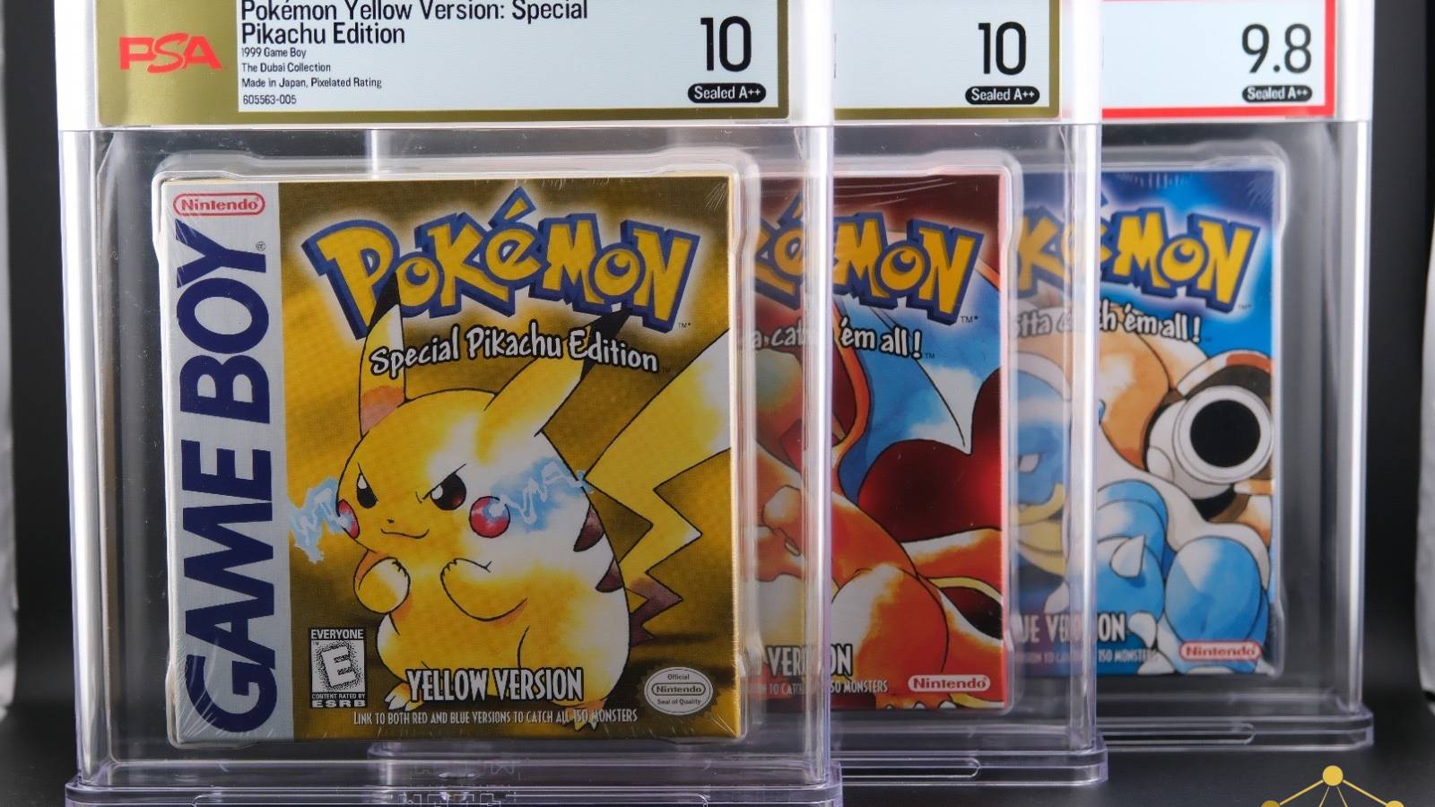 Three pristine copies of Pokemon Red, Blue, and Yellow for the Game Boy, that just sold for a record-breaking $2M.