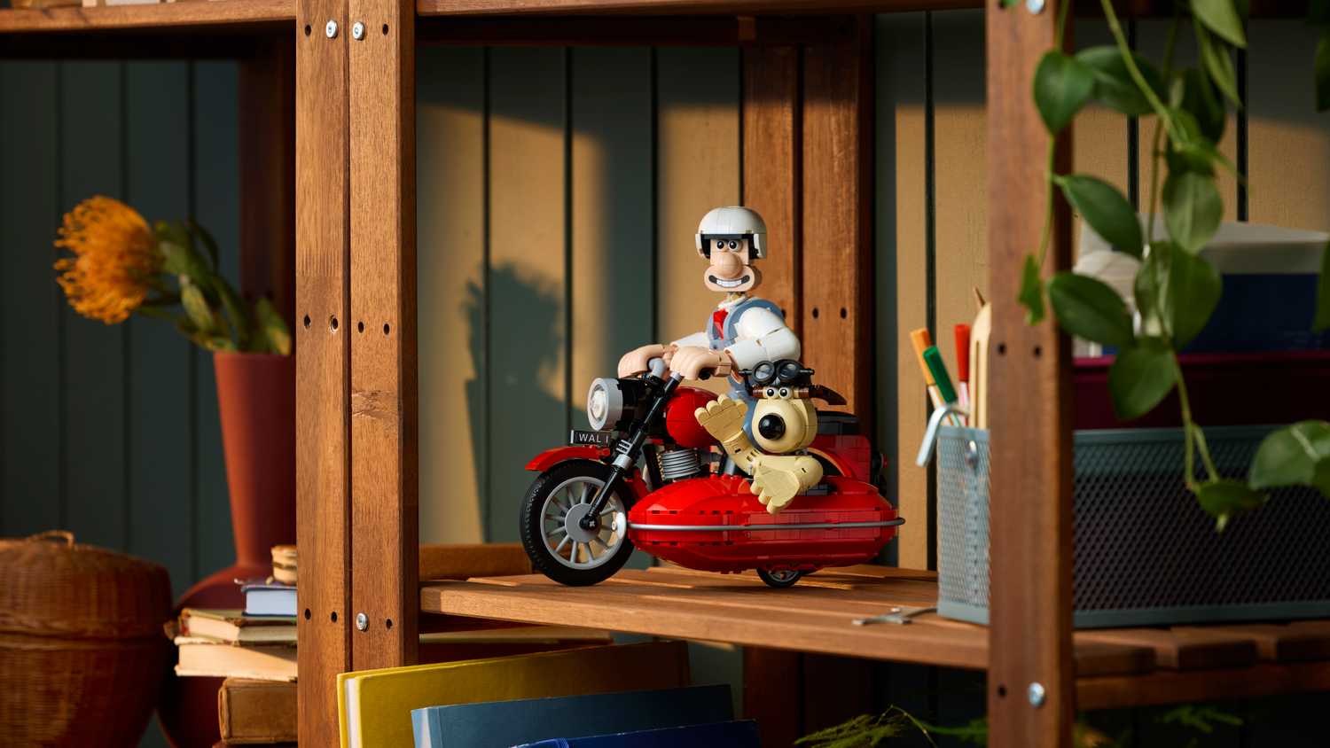 The Wallace and Gromit Set built and on a shelf.