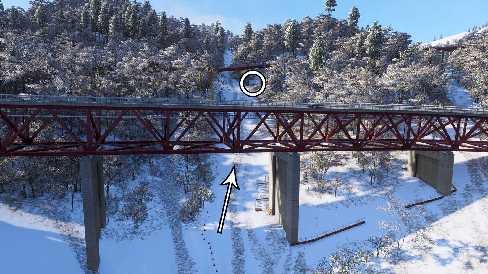 The Matsumi Great Bridge in Forza Horizon 6 with an arrow pointing toward a box underneath another bridge in the distance.
