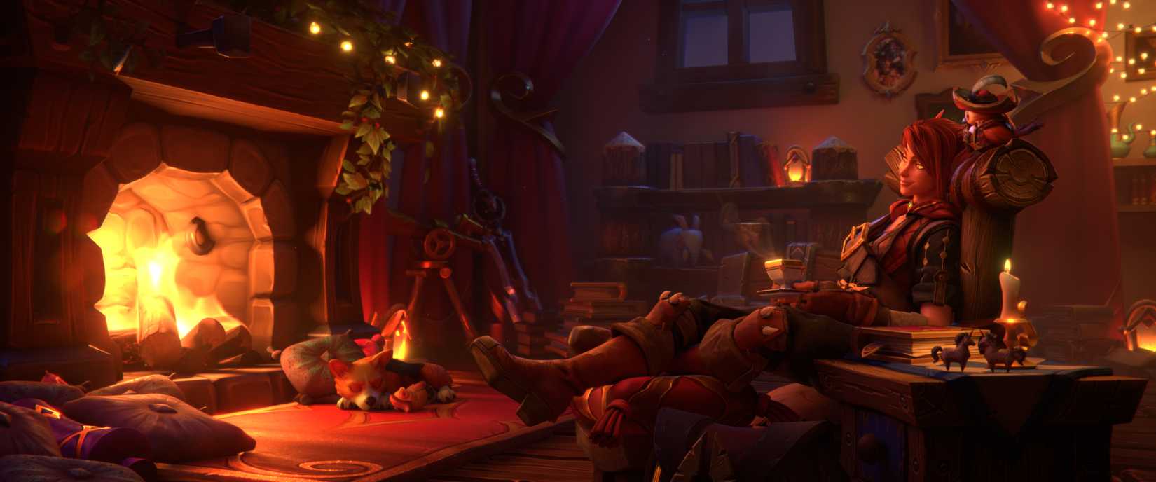 A Warcraft character relaxes in their cozy home