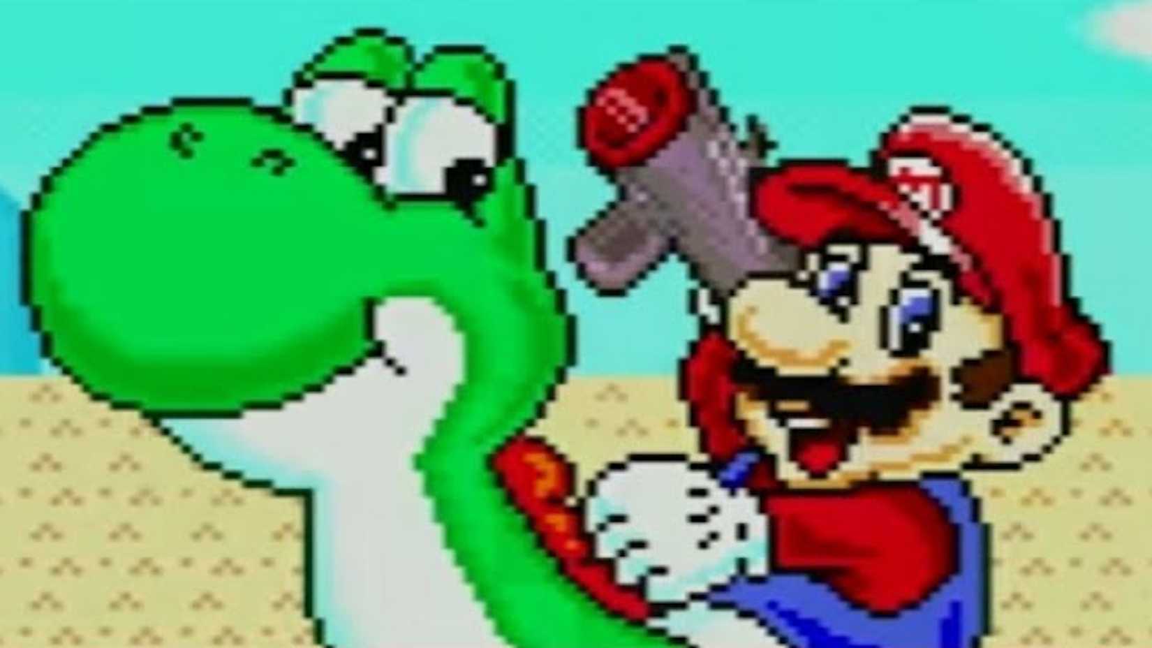 Mario astride Yoshi, brandishing a gun, in Yoshi's Safari