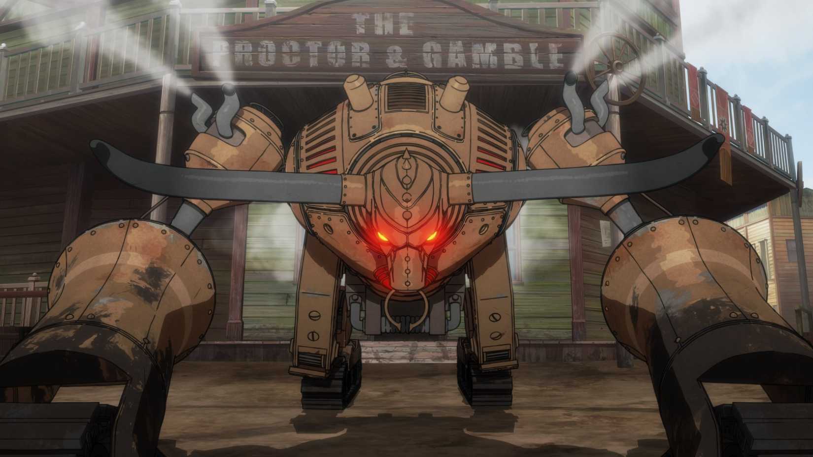 A bull-like mech prepares to charge in Bass X Machina