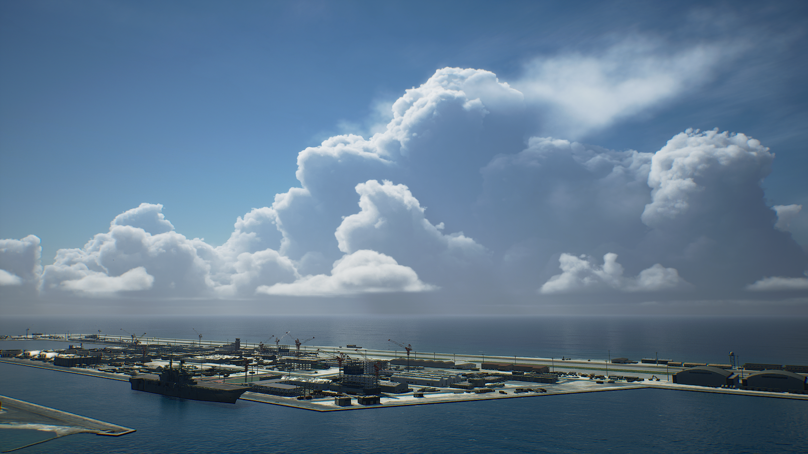 Clouds hang over a port in Ace Combat 8: Wings of Theve.