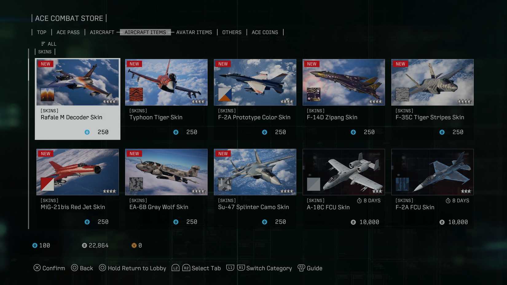 A store page in Ace Combat 8: Wings of Theve shows purchasable skins.