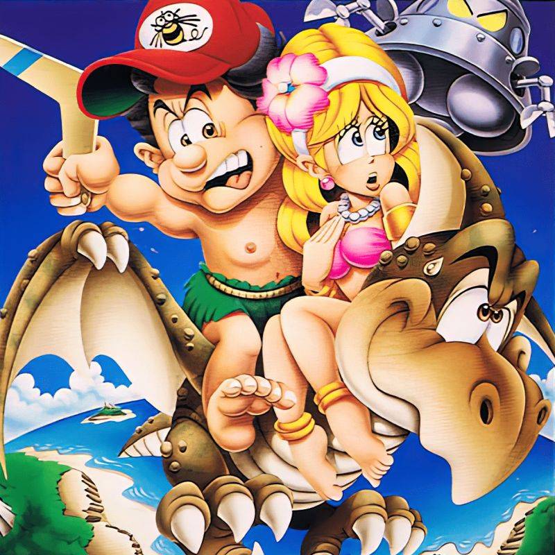 Adventure Island 3 Japanese cover art (cropped) shows Master Higgins and his friend riding on a pterodactyl