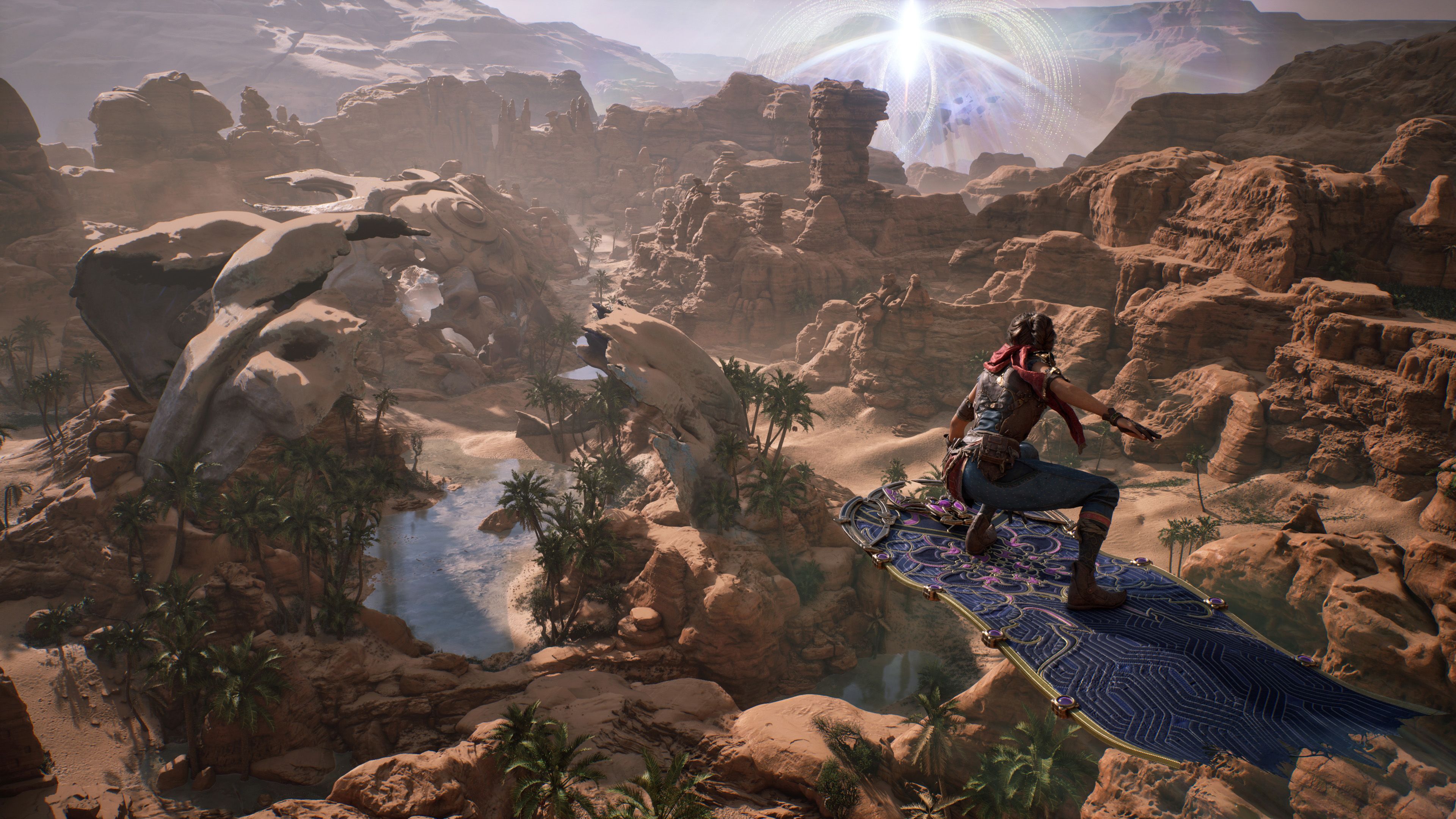 A hero flying on a magic carpet in 1001: Threads of Mizan.
