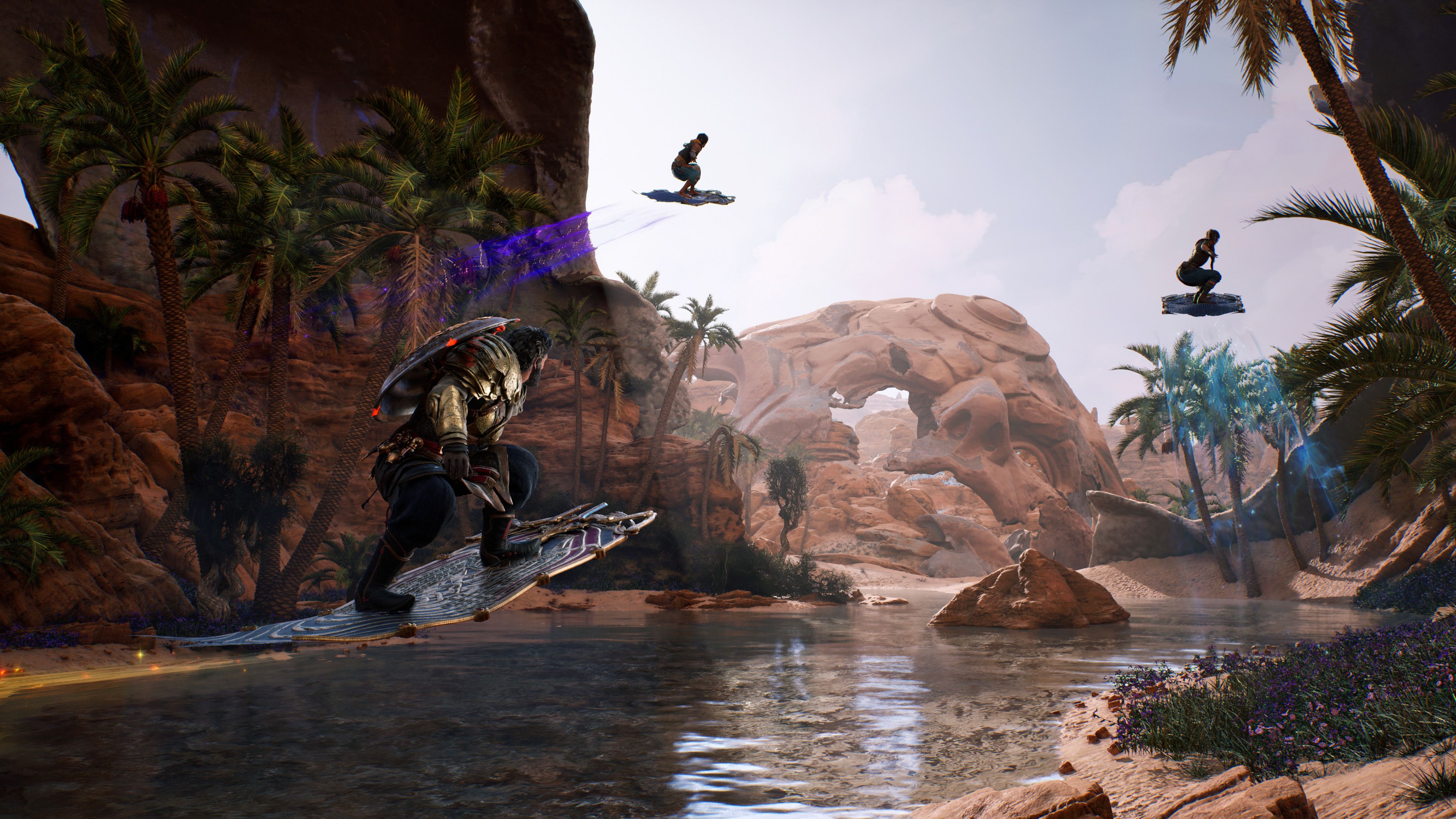 The three heroes flying on magic carpets along a desert stream in 1001: Threads of Mizan.