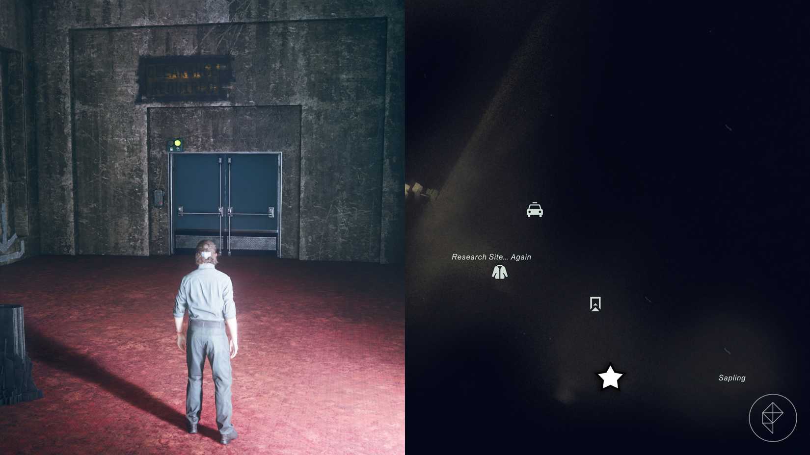 Dylan standing in front of a blue double door in the Underpass in Control Resonant.
