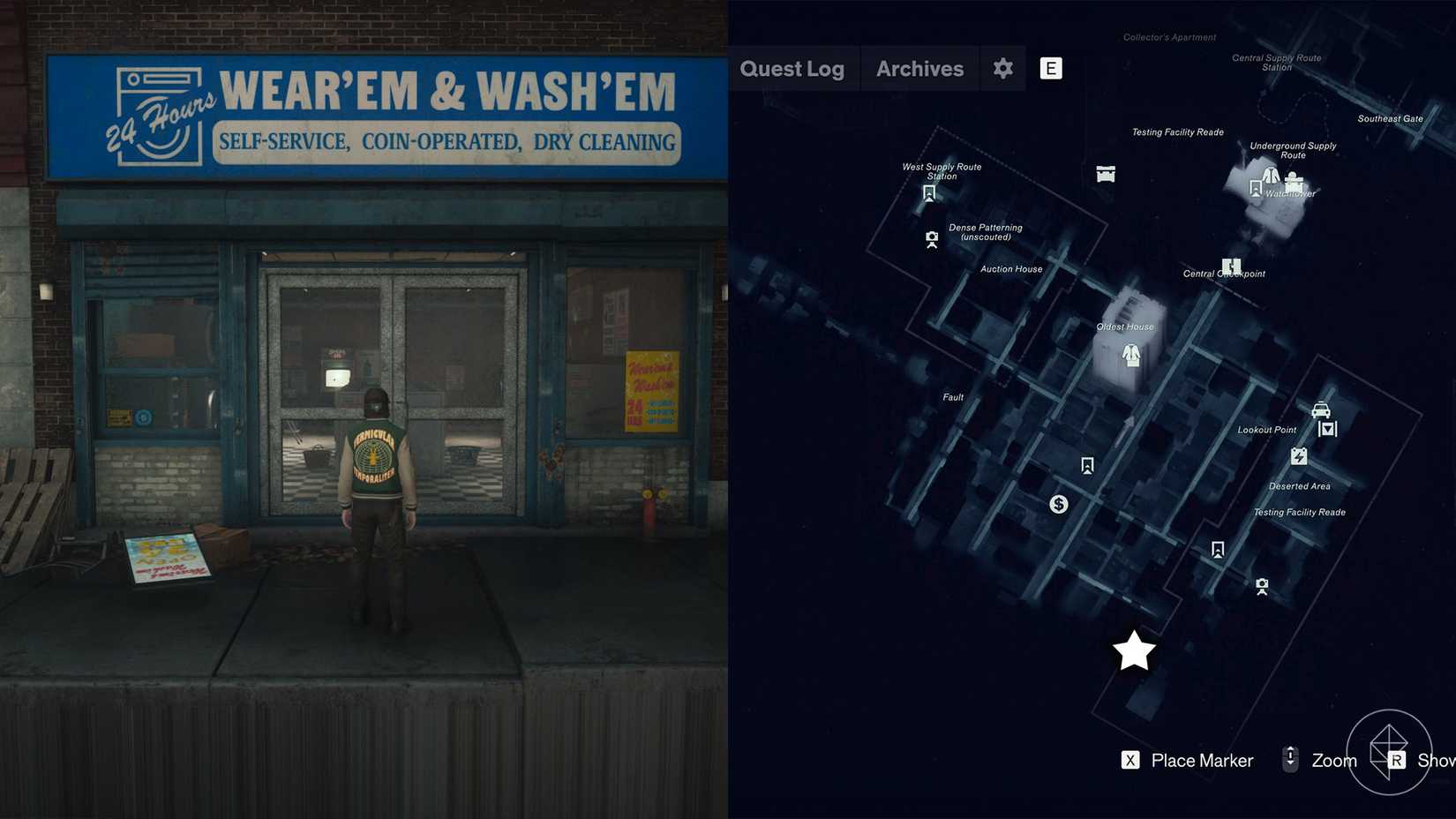 Dylan standing in front of a Wear'Em & Wash'Em laundromat in the Downtown zone in Control Resonant.