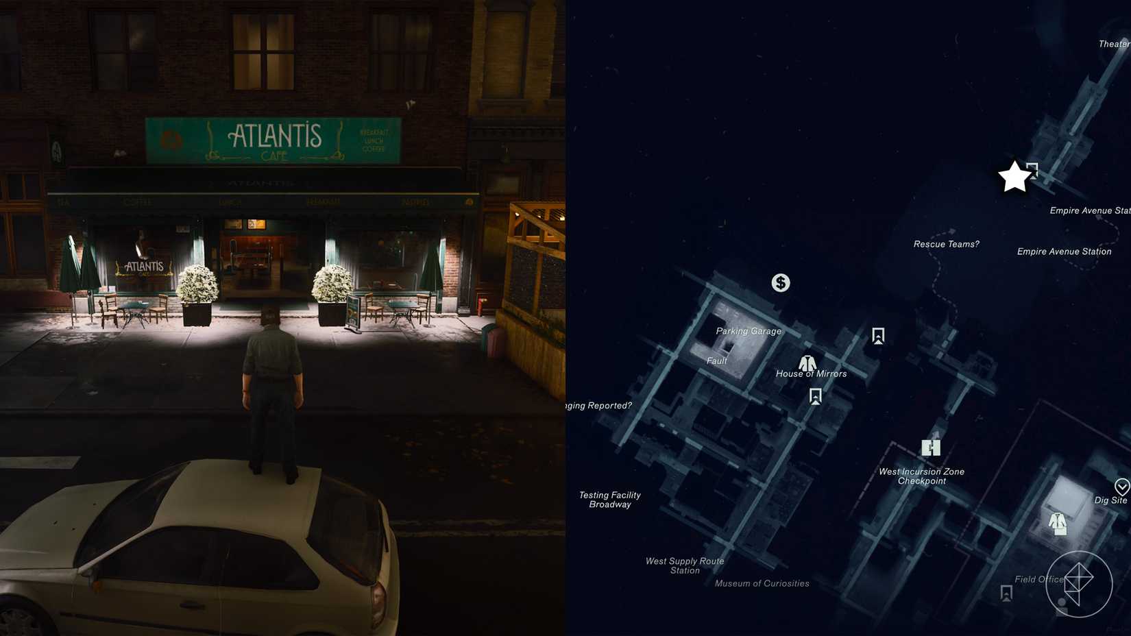 Dylan standing on top of a car in front of an Atlantis Cafe in the West Incursion Zone in Control Resonant.
