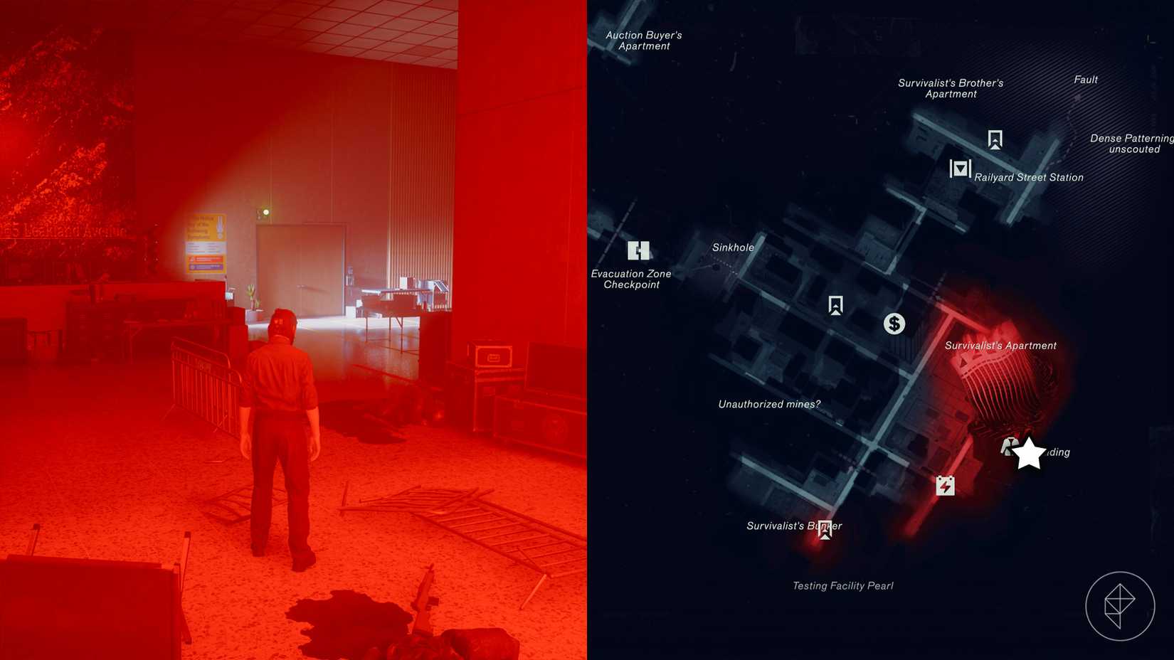 Dylan standing in front of a wooden door in a red area in Control Resonant.