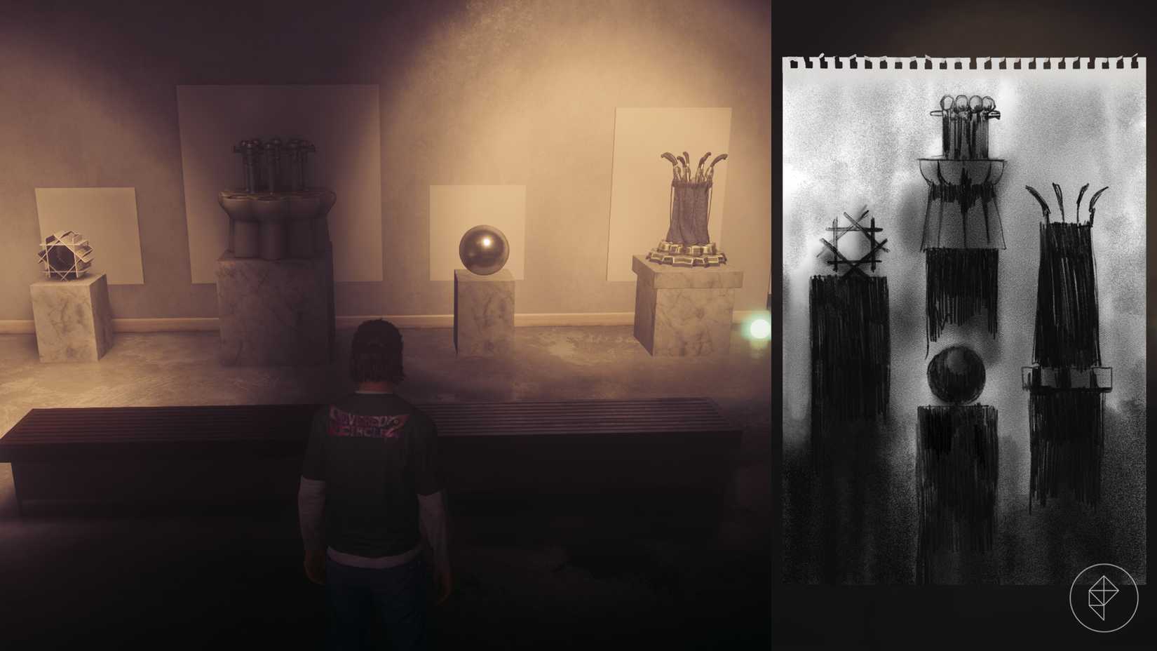 Dylan standing in front of objects on pedestals in an art exhibit in Control Resonant.