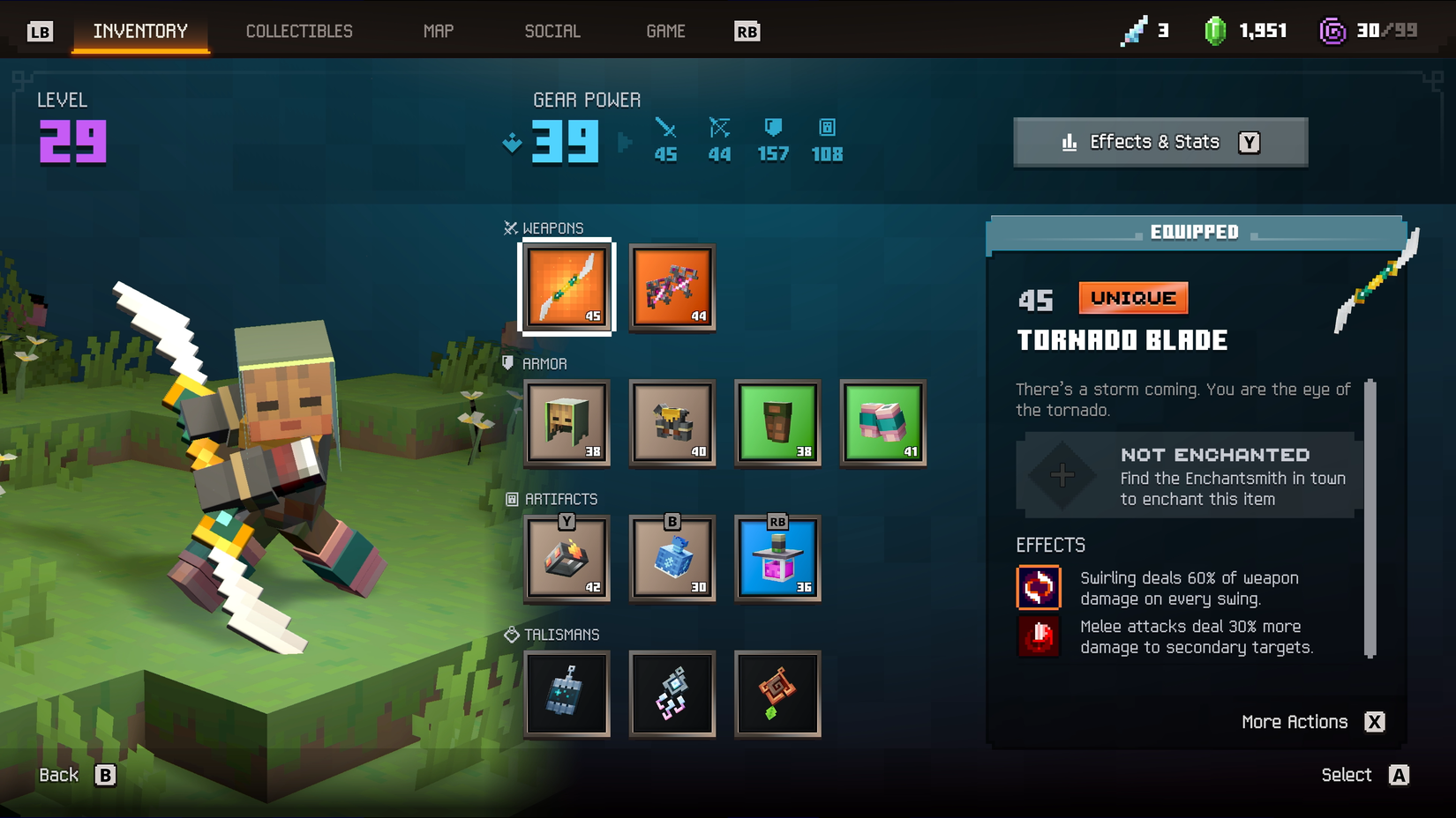 A character sheet and weapon equip screen