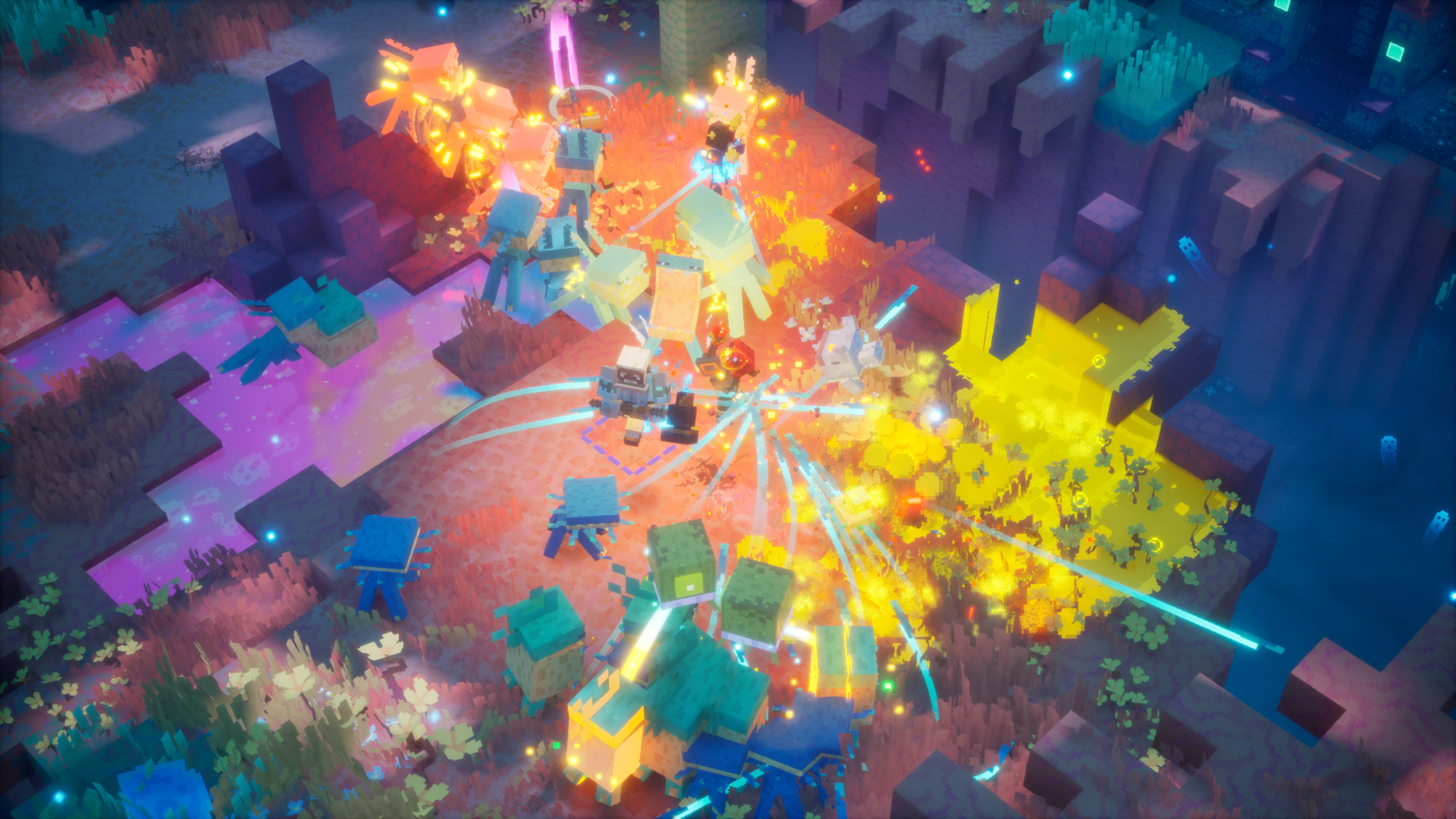 A colorful battle seen from above in the Minecraft Sift dimension