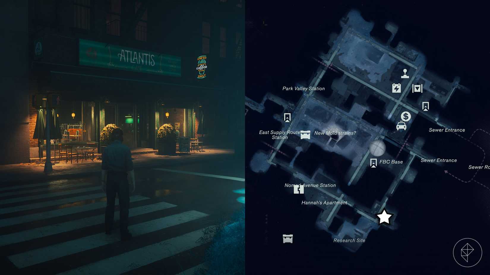 Dylan standing in front of an Atlantis Cafe in The Park in Control Resonant.