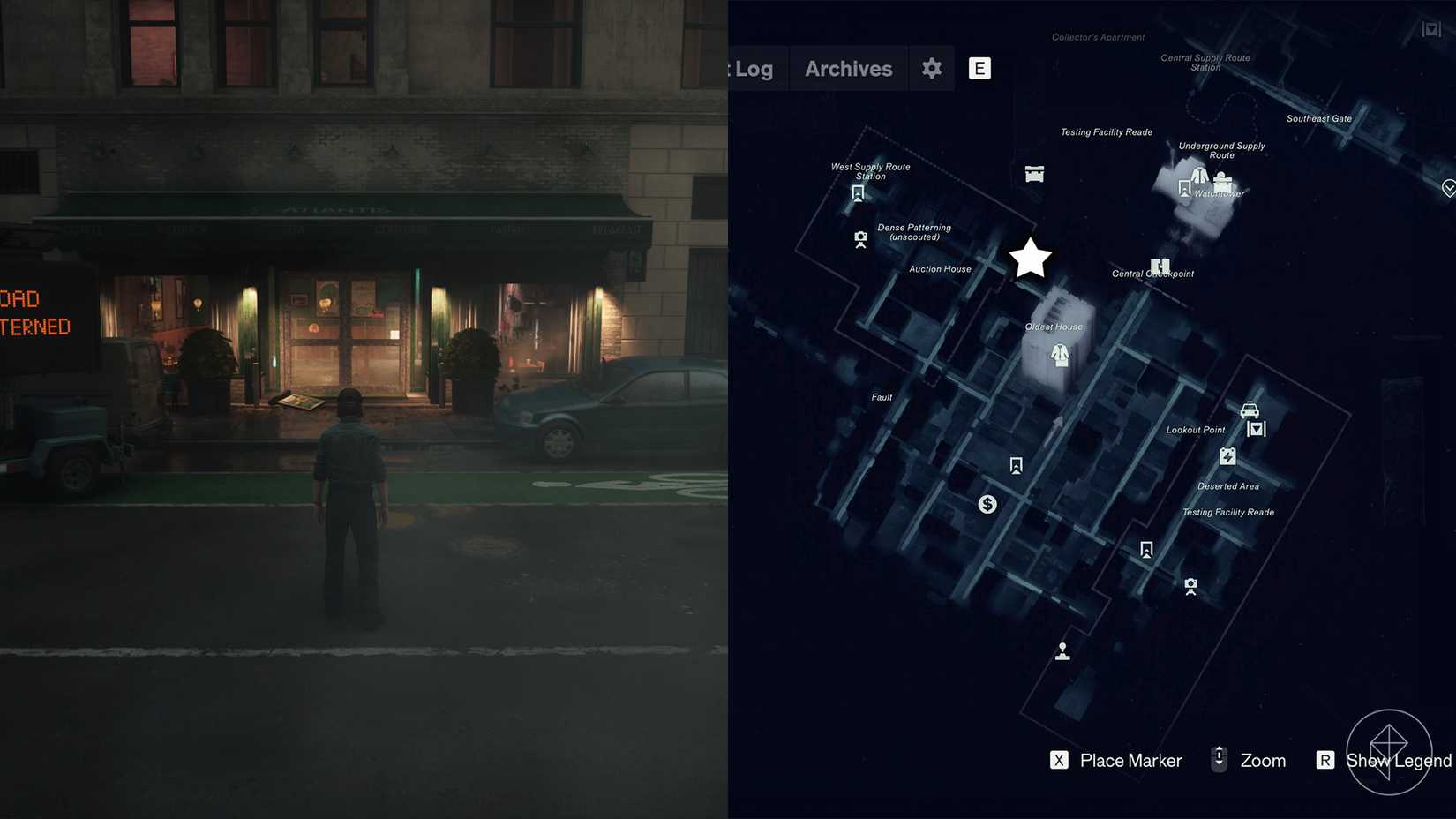 Dylan standing outside of Atlantis Cafe in Control Resonant.