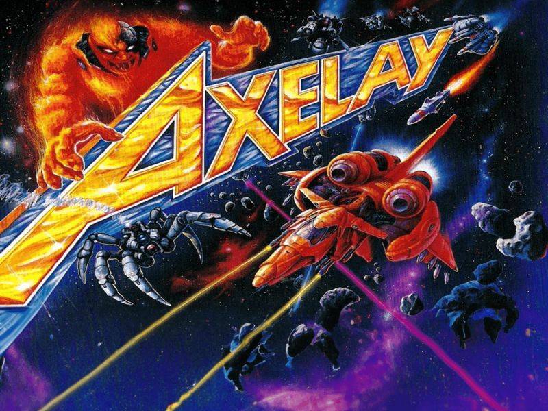 Axelay (SNES) cropped cover art shows a ship flying toward the viewer with a red monster behind the game's logo
